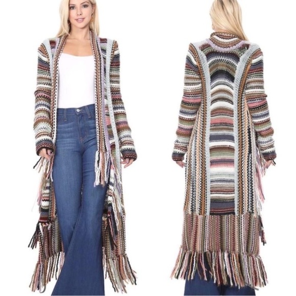 T Party Free People Technicolor maxi Crochet long Fuzzy Sweater coat SIZE SMALL - Picture 1 of 10